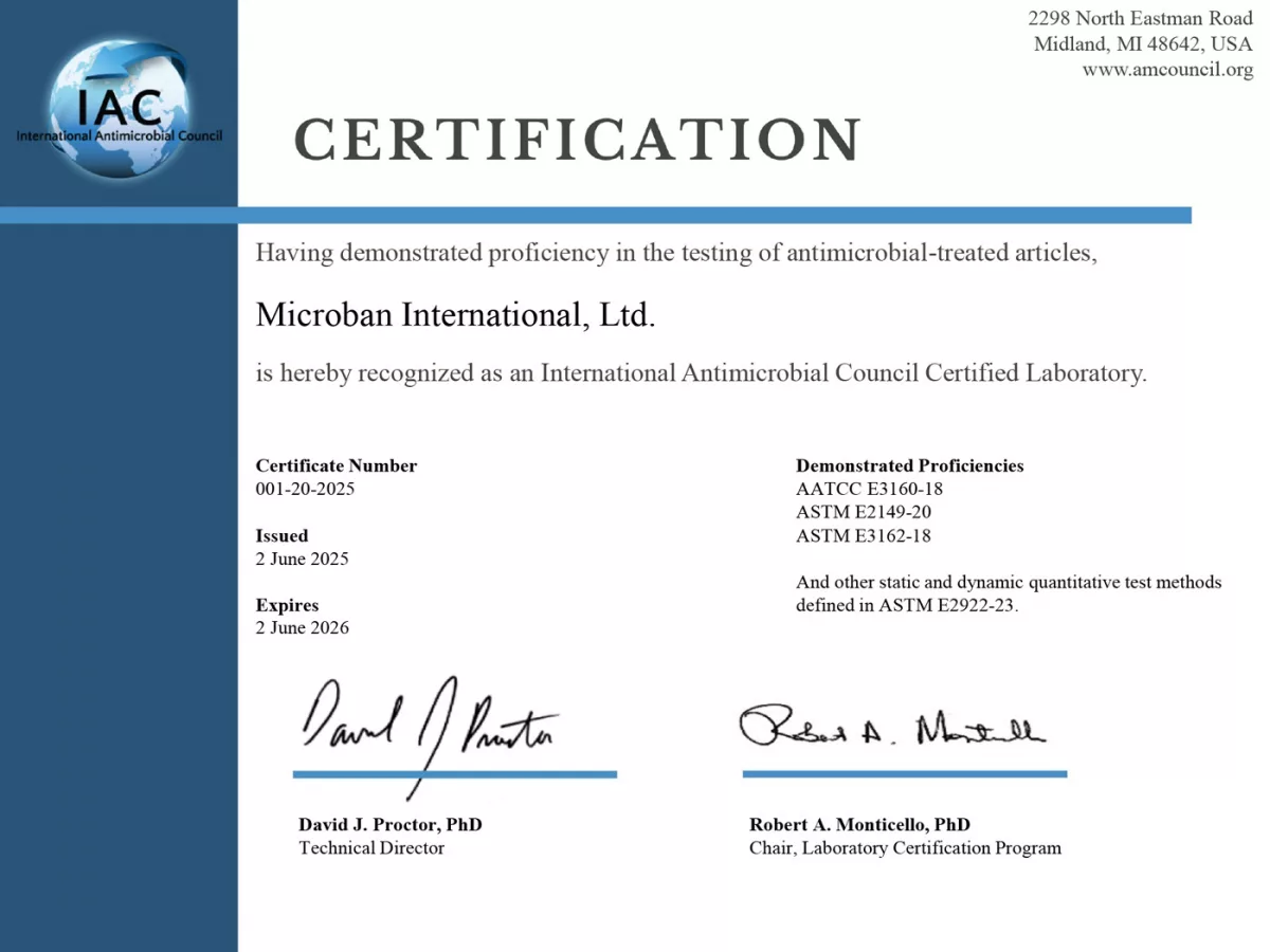 Mbns25 Microban IAC Certificate exp June 2026