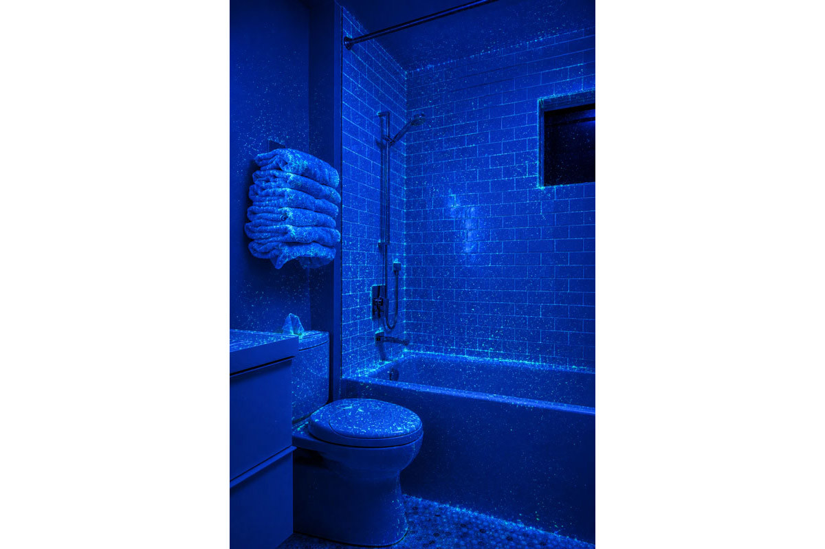 slider image under blacklight simulation of Bath bathroom example with surfaces not protected with Microban antimicrobial technology and contaminated with bacteria