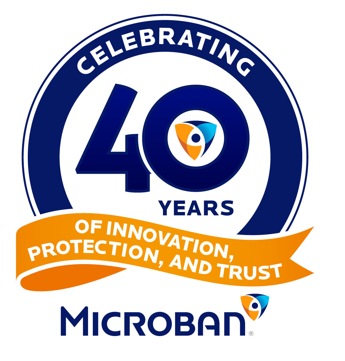 A circular emblem featuring 'Celebrating' in white at the top and '40 Years' in bold blue text inside the circle with the Microban shield at the center of the number 40. A curved orange banner below reads 'Of Innovation, Protection, and Trust.' The Microban logo appears at the bottom.
