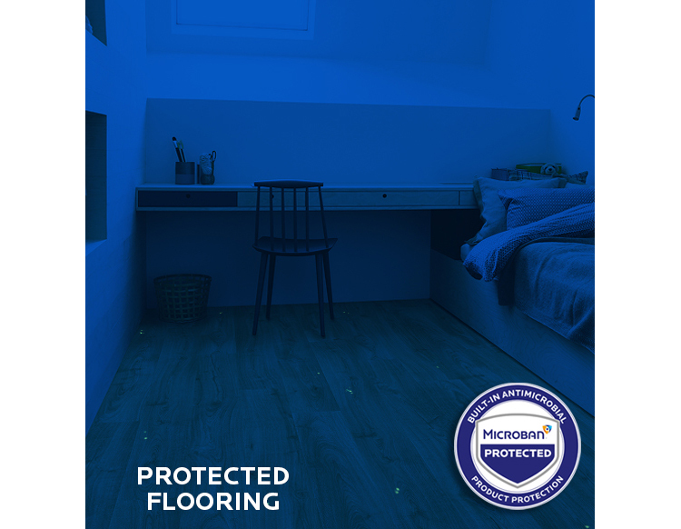 Torlys hardwood flooring with Microban antimicrobial protection, blue overlay and bacterial confocal simulation