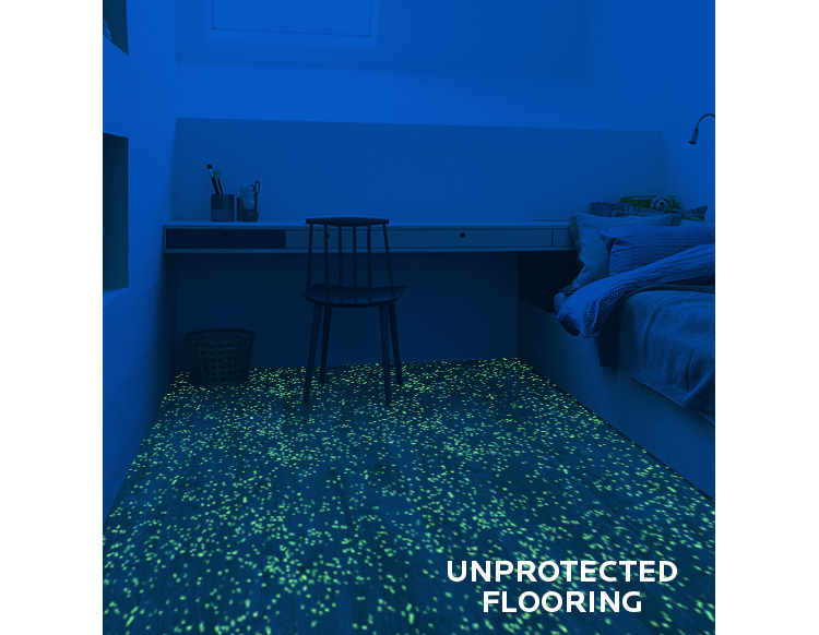 Torlys hardwood flooring without Microban antimicrobial protection, blue overlay and bacterial confocal simulation