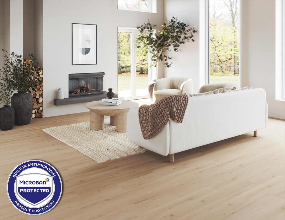 Microban Partner Mannington Flooring example of Swiss Oak-Almond wood flooring containing Microban antimicrobial protection