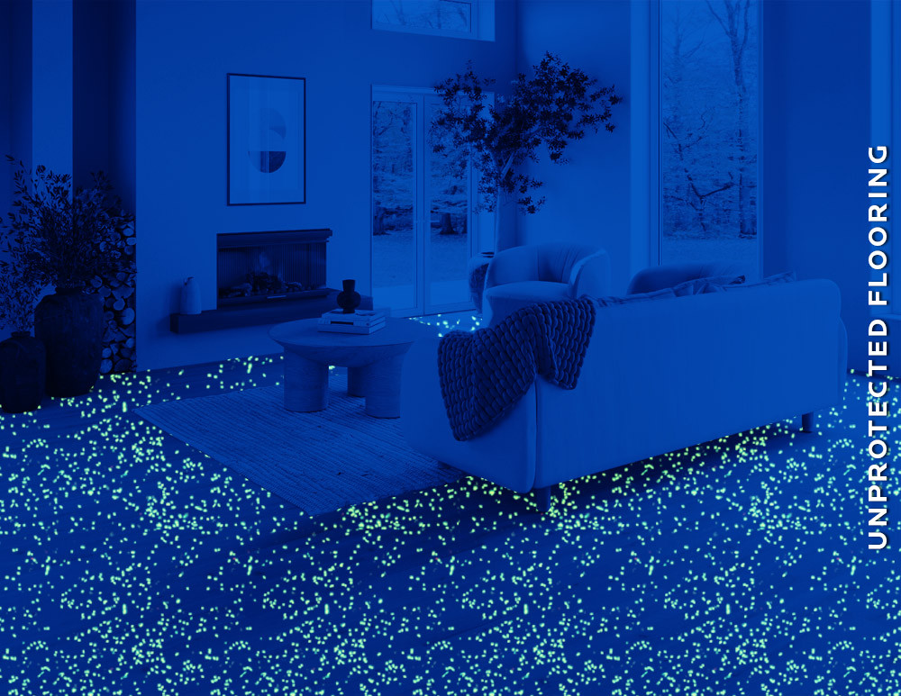 Microban Partner Mannington Flooring example of Swiss Oak-Almond wood flooring without Microban antimicrobial protection, blue overlay to show confocal bacterial contamination