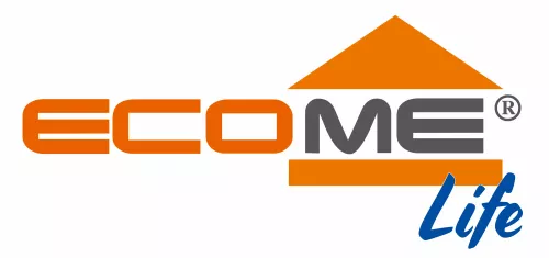 Orange, grey and blue Ecomelife logo
